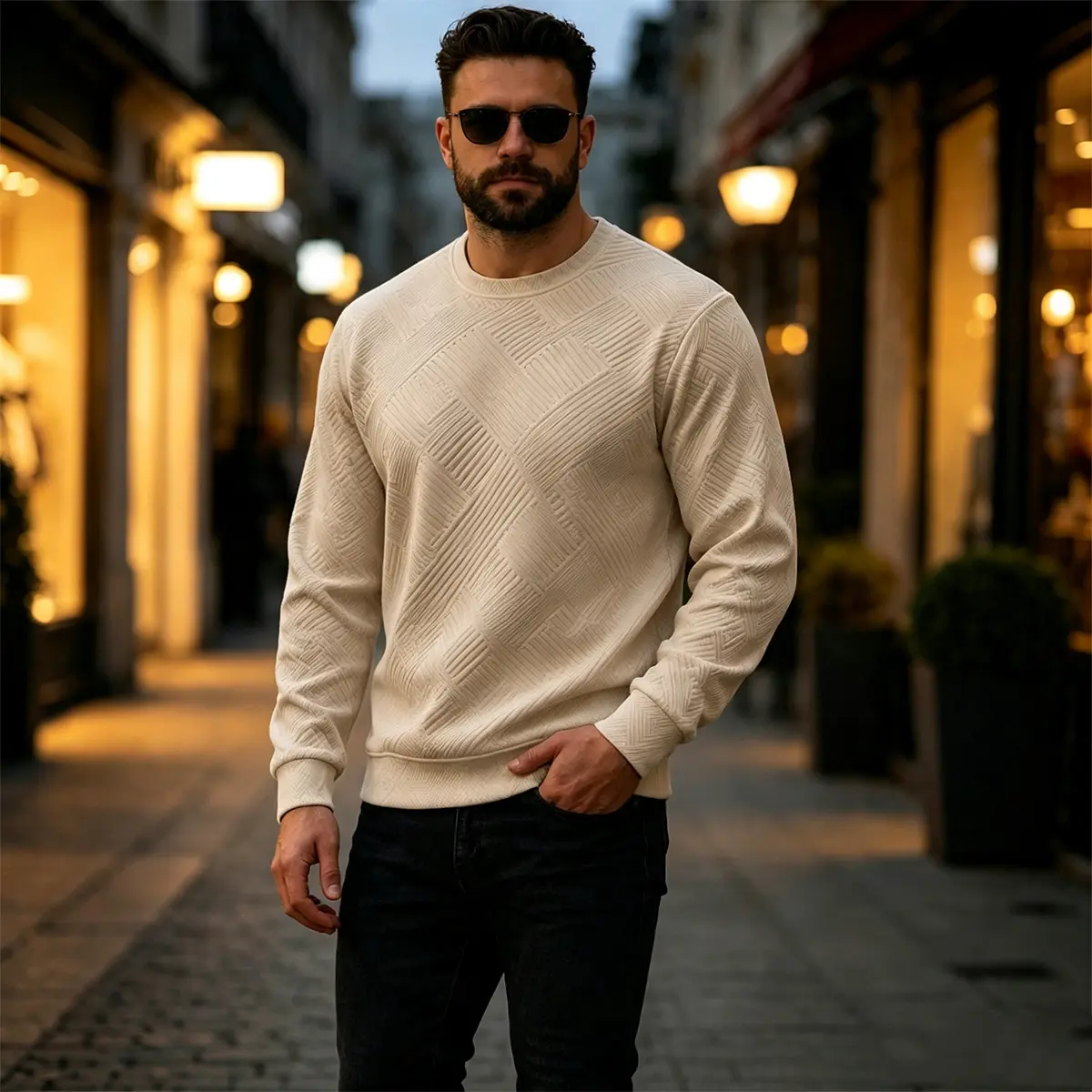 Men's geometric striped jacquard round neck long sleeved pullover, with a three-dimensional embossed texture all over the body, a loose casual top suitable for daily commuting and outdoor travel in spring and autumn.