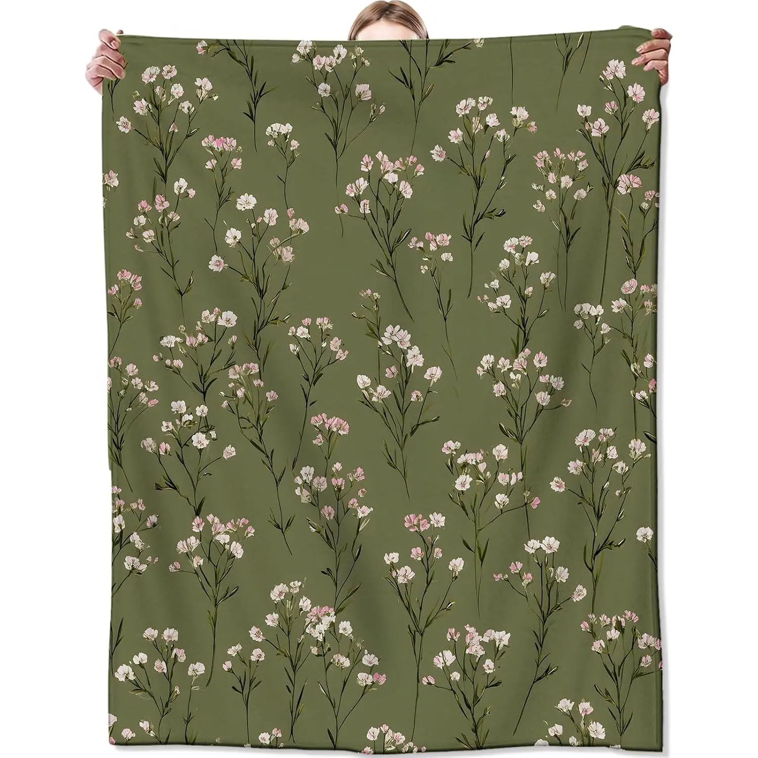 Elegant Floral Blanket,Pink Flower and Green Background Flannel Throw for Women,Girls,Nature Lovers as Gifts,Cozy Soft Blankets for Couch,Bed,Office,Camping,Decorative Throws