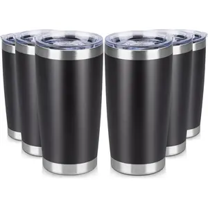 20 oz Tumbler Stainless Steel Tumblers Bulk with Lid Double Wall Insulated Coffee Tumbler Cups for Hot & Cold Drinks Powder Coated Travel Coffee Tumbler Mug Metal (Black, 6 pack)