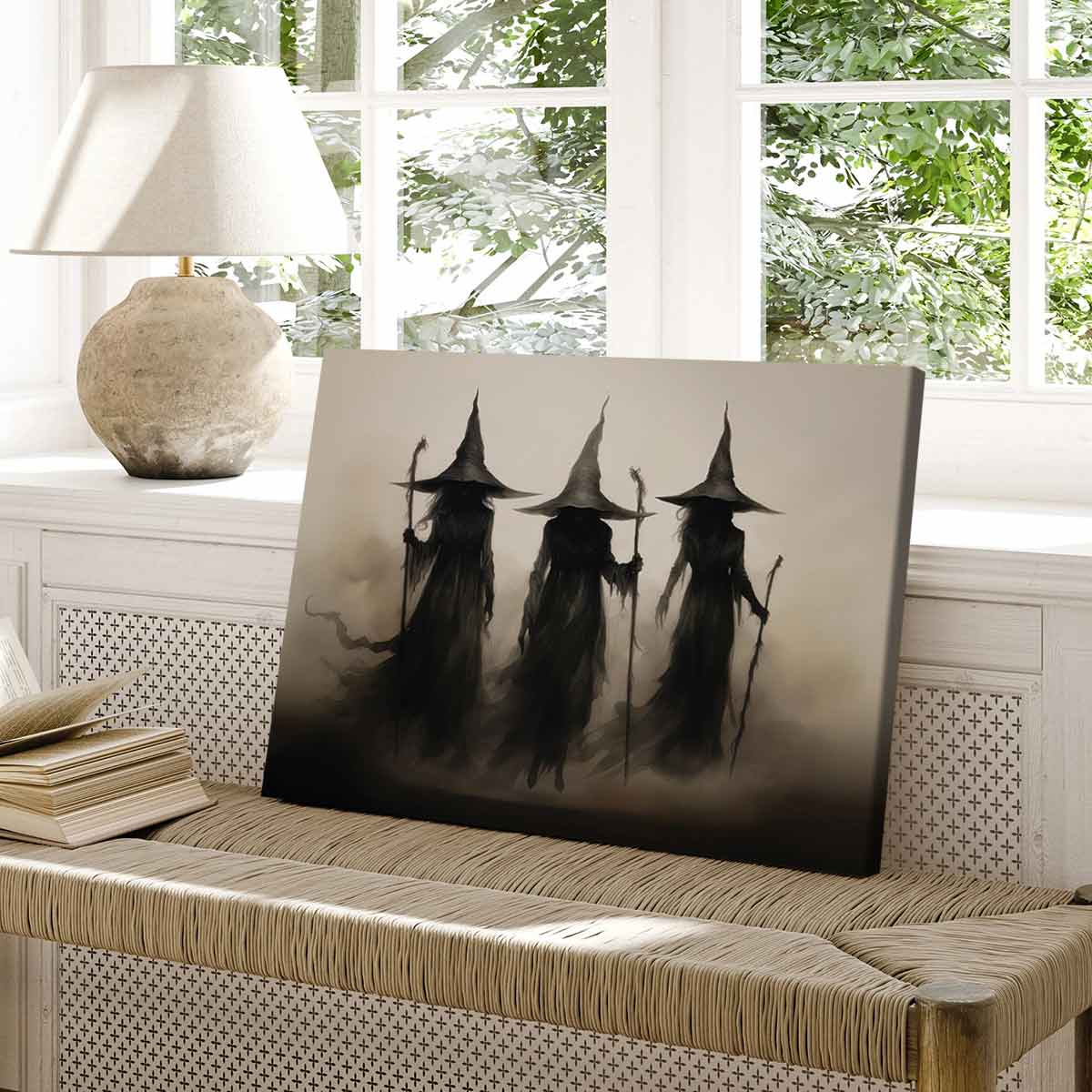 Wooden Framed Canvas Painting, 1-3 Count Mysterious Black-robed Wizards Fantasy Poster, Halloween Decorative Poster, Modern Art Decoration, Home Decoration for Living Room Bedroom, Ornaments