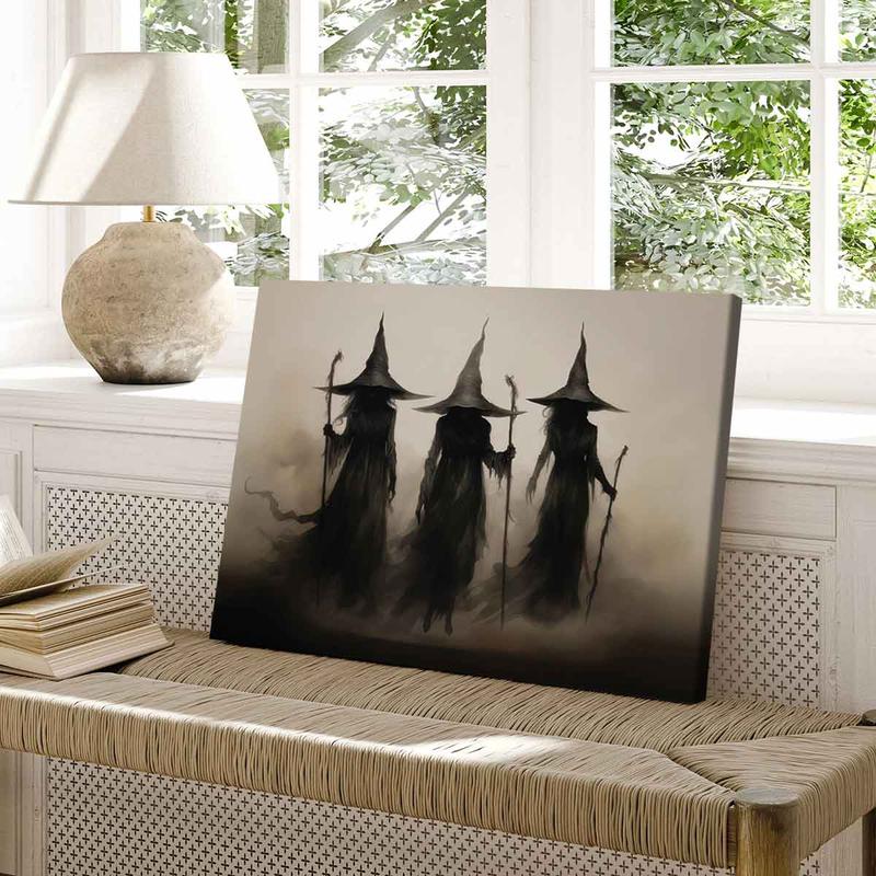 Wooden Framed Canvas Painting, 1-3 Count Mysterious Black-robed Wizards Fantasy Poster, Halloween Decorative Poster, Modern Art Decoration, Home Decoration for Living Room Bedroom, Ornaments