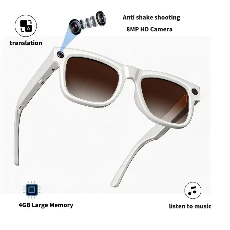 Multifunctional AI Smart Glasses, 8MP Camera, 4GB Storage, 1080P video recording, image recognition frompictures and audio recording For Travel OutdoorAdventures LanguagesReal-Time Translation BT WirelessWearable Ai SmartGlasses With Gifts