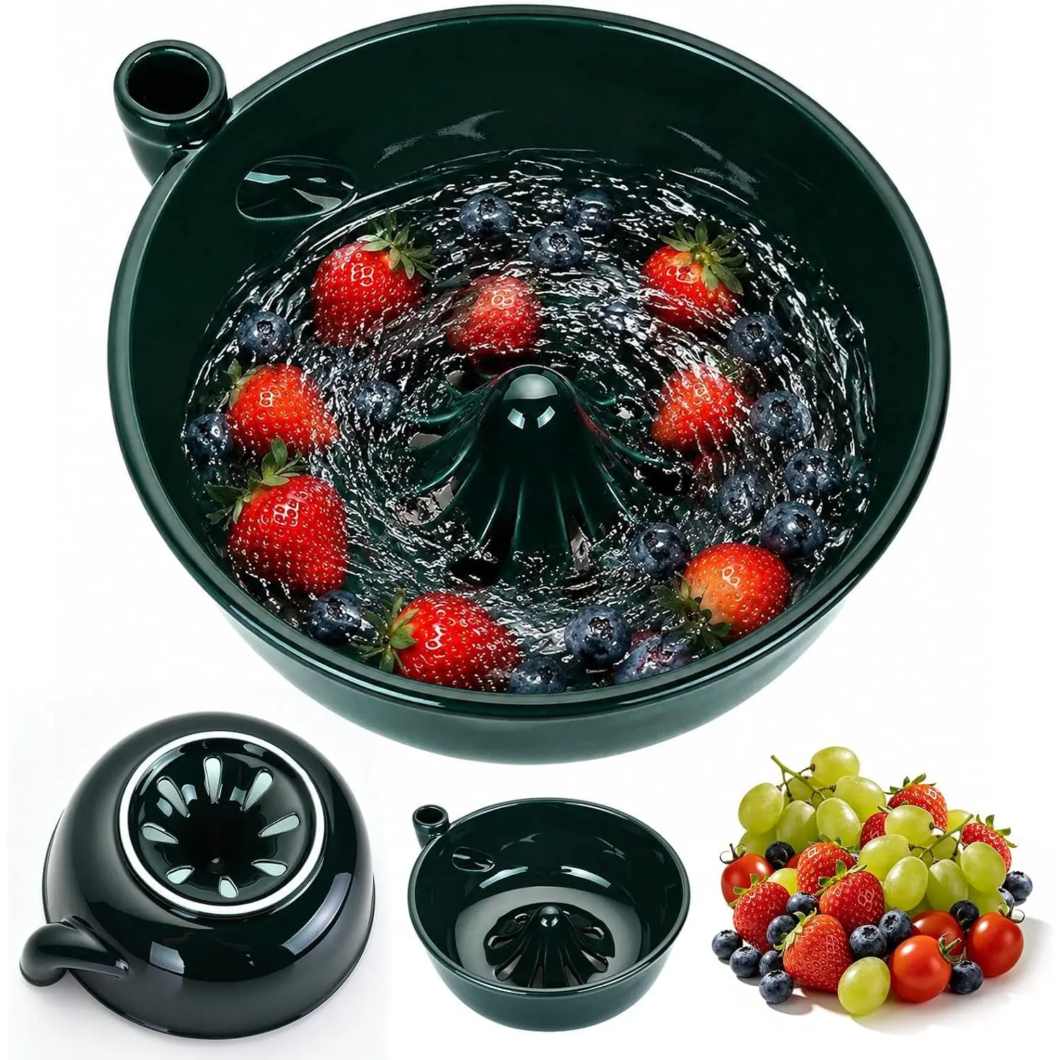 Berry Washing Bowl, Ceramic Fruit Colander with Auto-Spin Drainage for Washing and Draining Produce