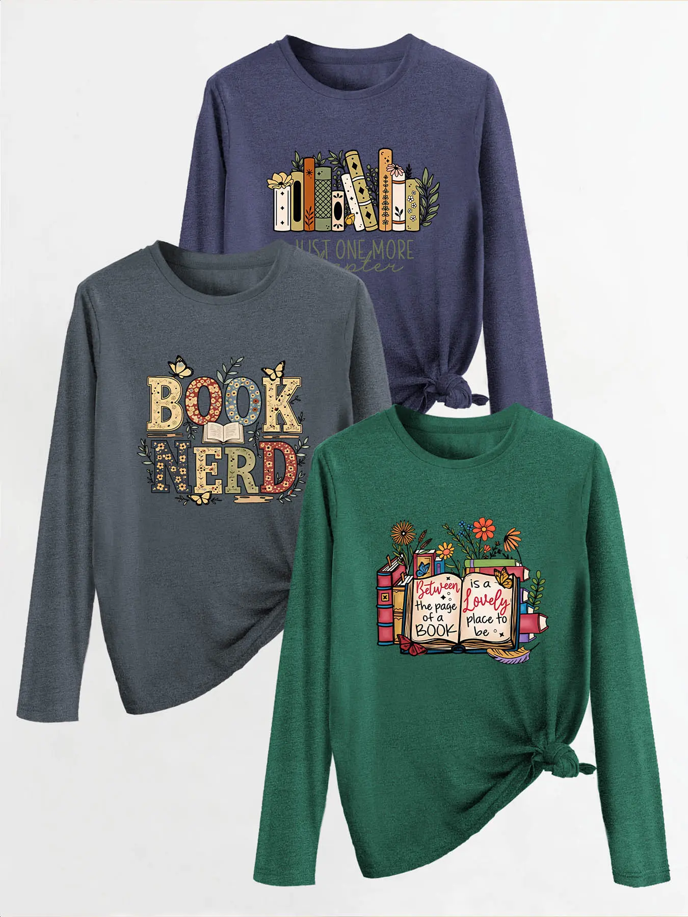 3‑Pack Women's Crew Neck Long Sleeve T‑Shirts, Book Lover Literary Print, Multiple Colors Available, Machine Washable, Spring Summer Tops, Soft Skin‑Friendly Fabric, Daily Versatile, Fashion Design, Pattern As Pictures Show
