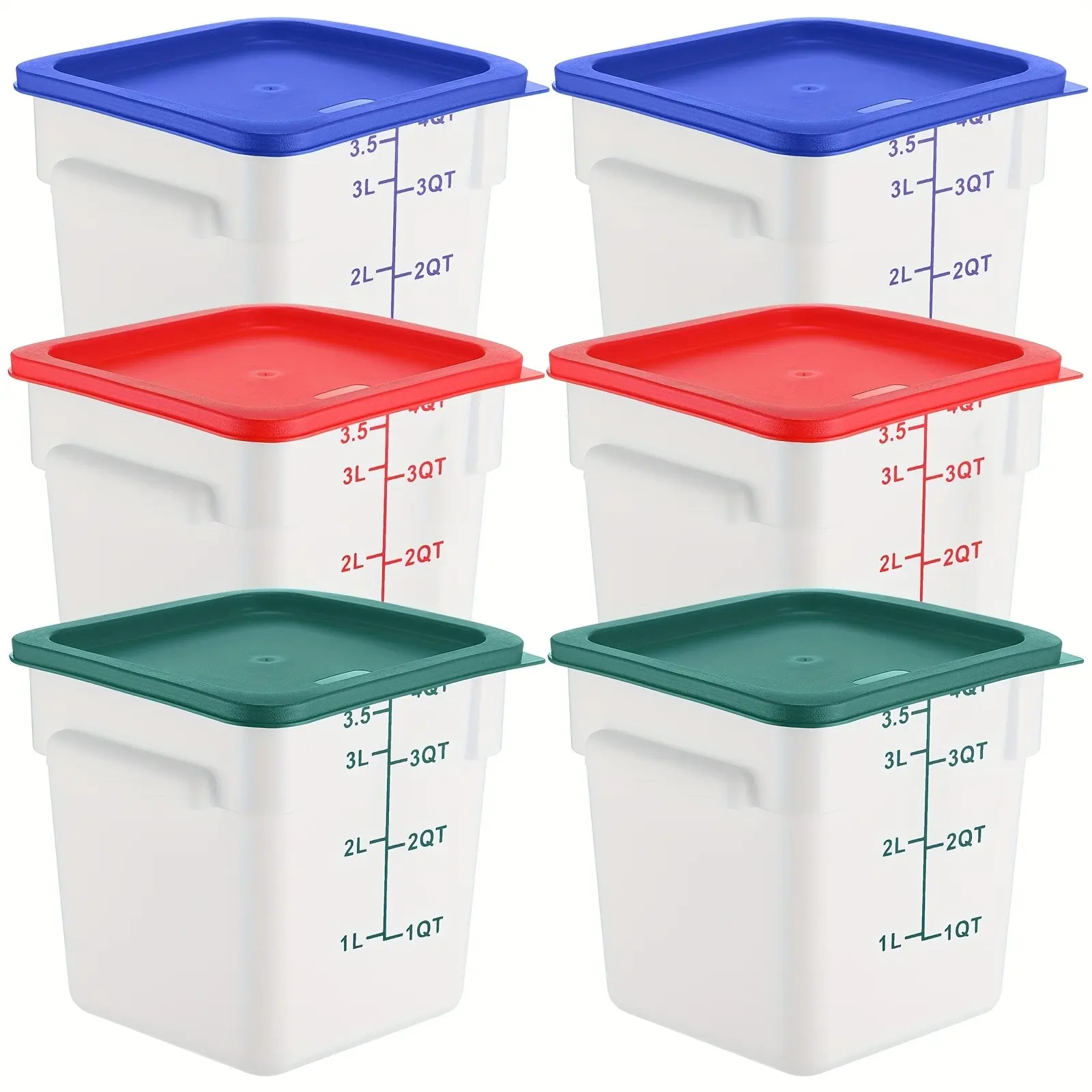 6pcs 4 Quart Commercial Food Storage Containers with Lid Translucent Container with 3 Color Lids for Freezer Flour Sugar Baking Bread Restaurant, Square
