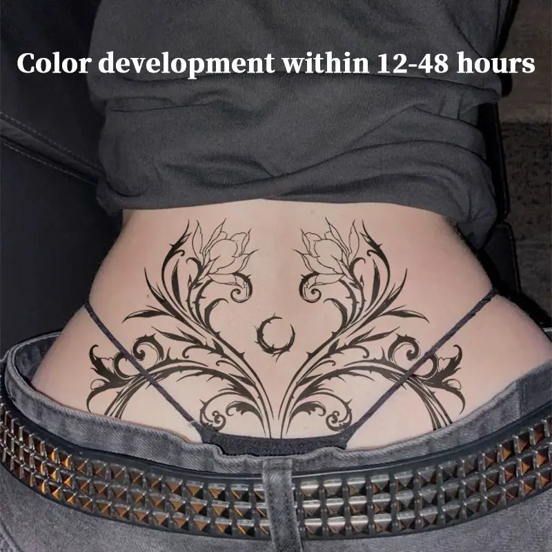 Symmetrical Thorn Rose Crescent Moon Herbal Juice Semi Permanent Tattoo Sticker Waterproof Long Lasting Fake Body Tattoo Unisex Lower Back Gothic Dark Body Art Decal