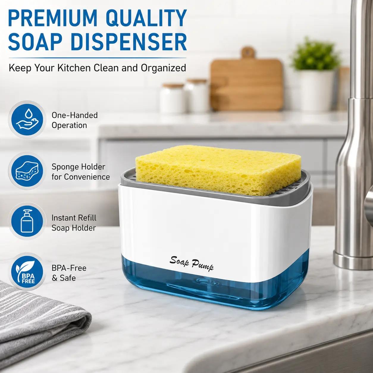 2-in-1 Dish Soap Dispenser with Sponge Holder, Kitchen Sink Pump Dispenser for Dishwashing Liquid, Easy-Refill Countertop Soap Organizer