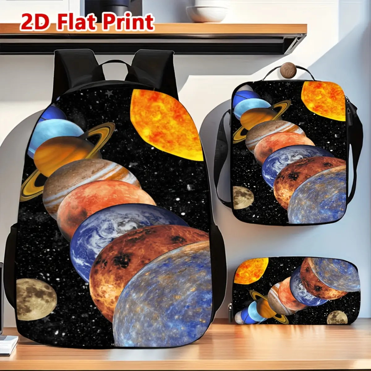 3pcs 2D Solar System Planets Print Backpack Crossbody Bag And Pencil Case Casual Portable Daily Bag Set