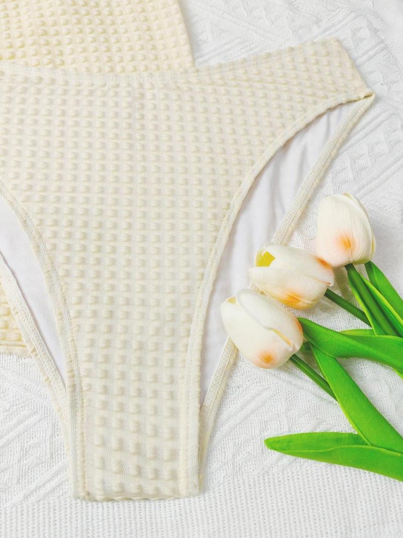 Women's 3pcs Solid Criss Cross Halter Tie Back Bra & High Cut Panty & Drawstring High Waist Sheer Skirt Swimsuit Set, Textured Swim Bra & Swim Panty & Swim Skirt, Summer Beach Party Swimwear Set for Women, Bikini Swimsuit