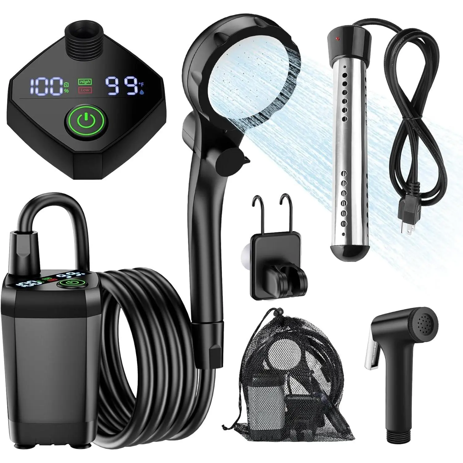 Compact Functional Portable Camping Shower with Heater, 6000mAh Rechargeable Sprayer Head, 4 Spray Modes, Waterproof IPX7 Outdoor Bath Hiking Gear for Pet Bathing