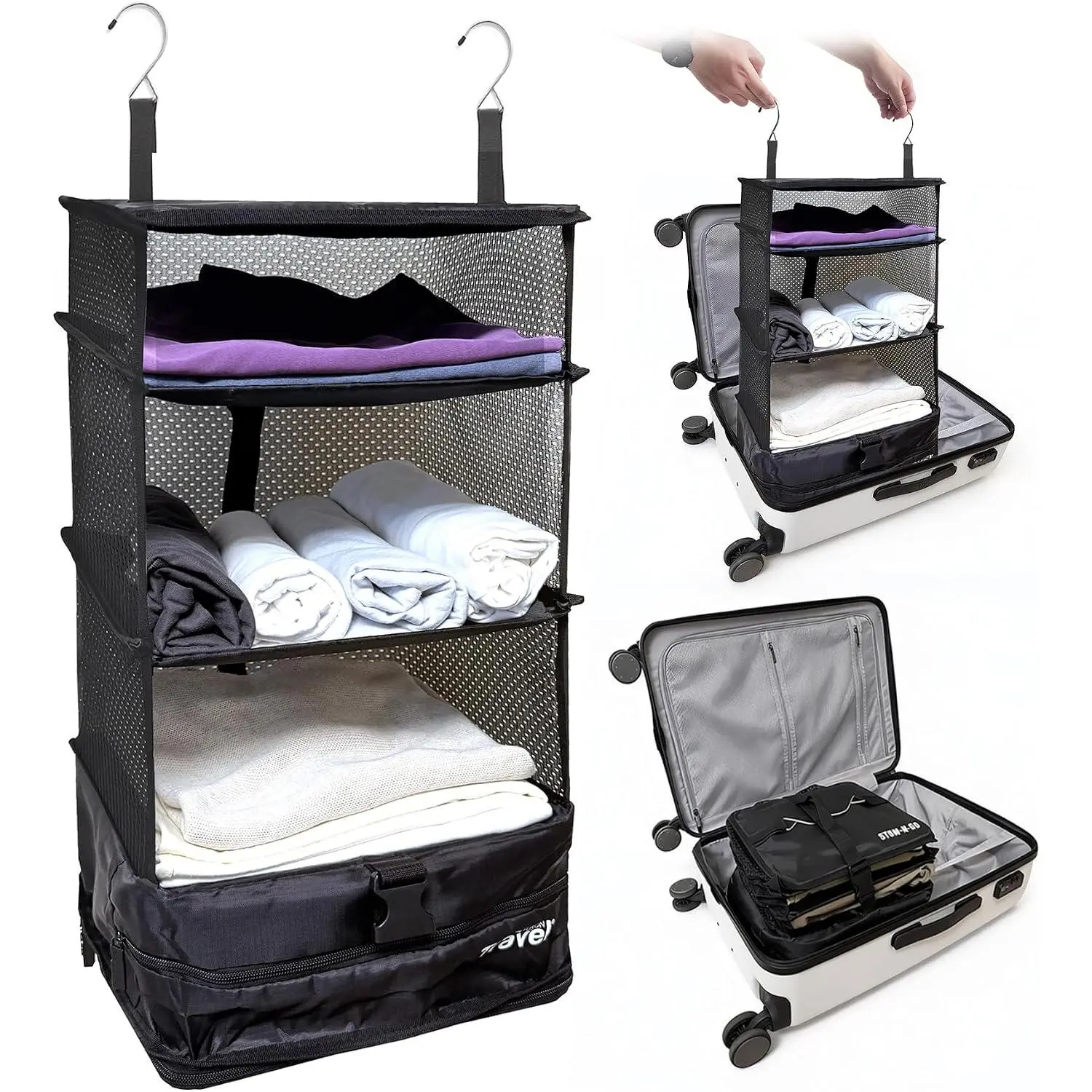 Stow-N-Go  Travel Shelves, Packing Organizer for Luggage. Carry  Closet for Suitcase. Expandable Packing Cube. Travel Essentials. (Black - L, L = (L) 11.8" x (W) 11.8")
