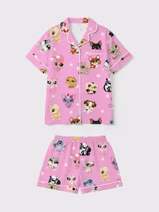 Women's Pajama Set, Soft Comfortable Sleepwear, Cute Cartoon Print, Loose-Fitting, Short Sleeve, Casual Home Wear, All Seasons
