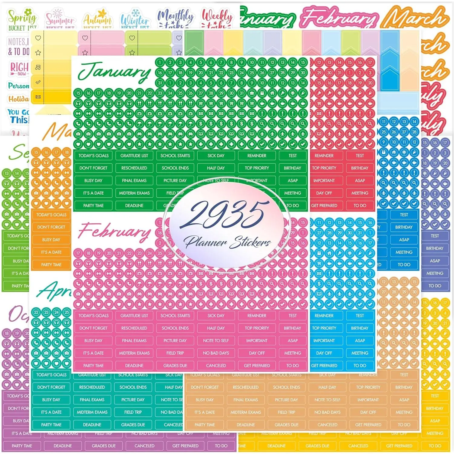 2935 Planner Stickers, Color Coordinating Monthly Functional Stickers Daily Calendar Stickers Aesthetic Note to Do Blank Sticker for Scrapbooks, Planner, Budget, Work, DIY Activity, Diary, Journal