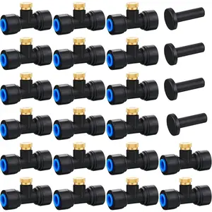 Hotop 20 Pieces Brass Misting Nozzles 1/4 Inch, Mister Replacement Nozzles Tees with Plugs for Outdoor Cooling System, Misting System Accessories for Patio, Greenhouse, Garden