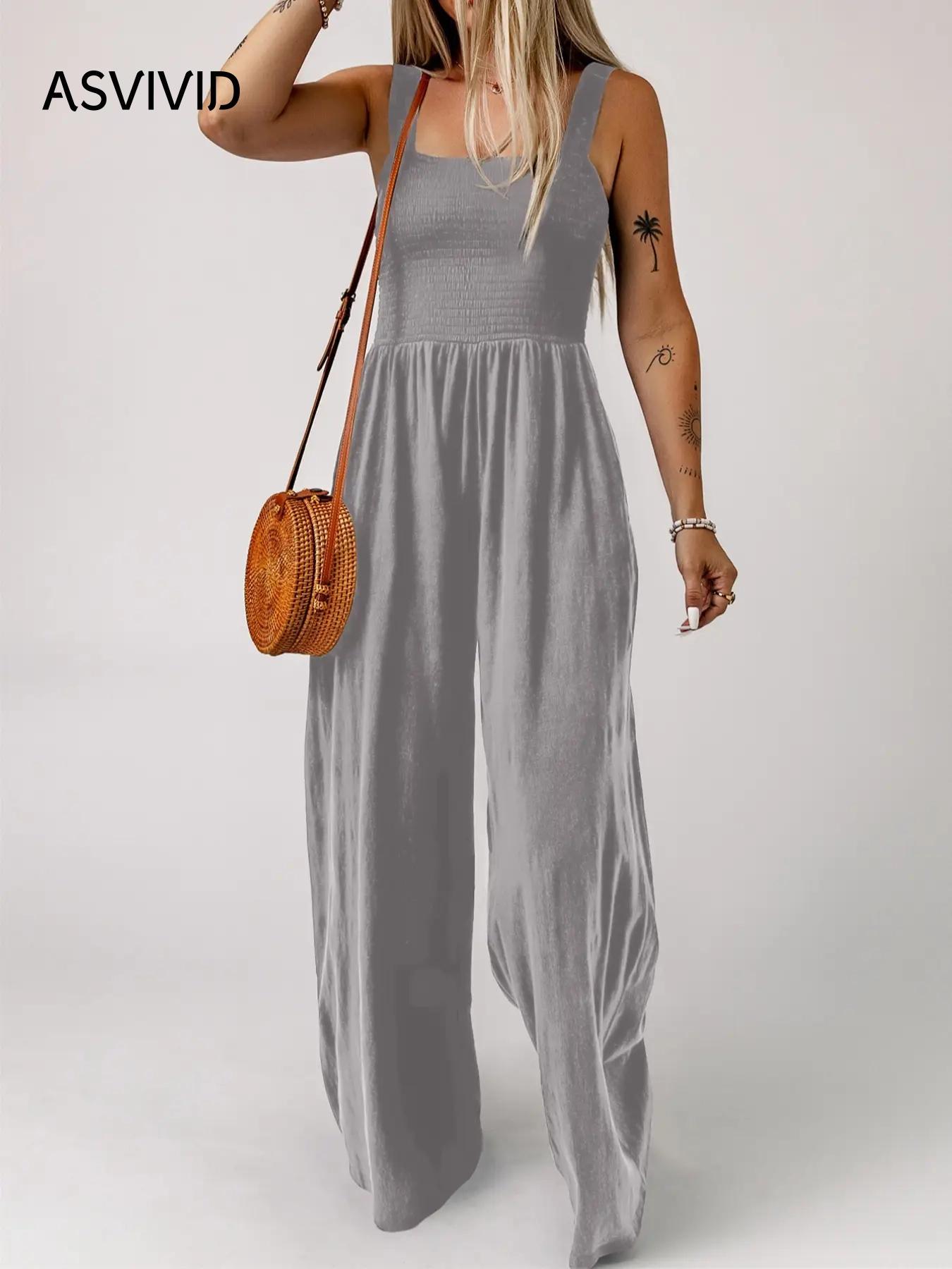 Women's Summer Plain Backless Shirred Wide Leg Cami Jumpsuit, Summer Clothes Women, Convenience Casual Pocket Square Neck High Waist Overall Jumpsuit, Ladies Clothes for Daily Wear