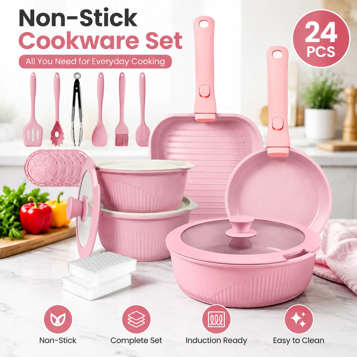 Nonstick Cookware Set, 5/7/24-Piece Pots and Pans with Ladles, Induction-Compatible Kitchen Cooking Kit for Everyday Meal Preparation