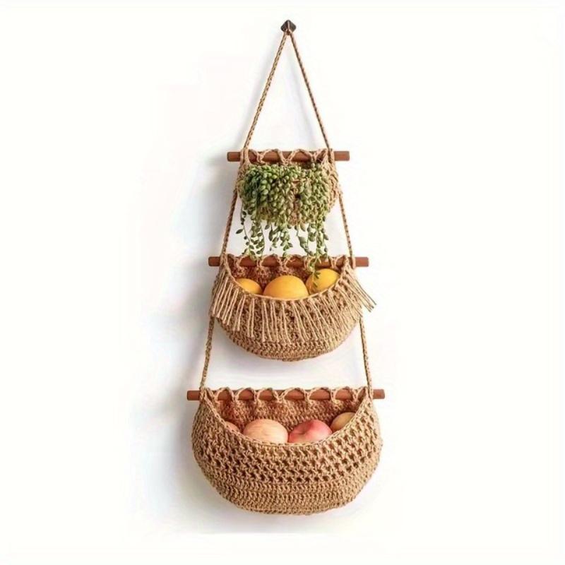 2pcs 3 Tier Hanging Fruit Basket, Wall Hanging Vegetable Fruit Baskets Woven Storage Baskets for Organizing, Wall Basket Decor, Over the Door Organizer for Kitchen, Bedroom, Bathroom