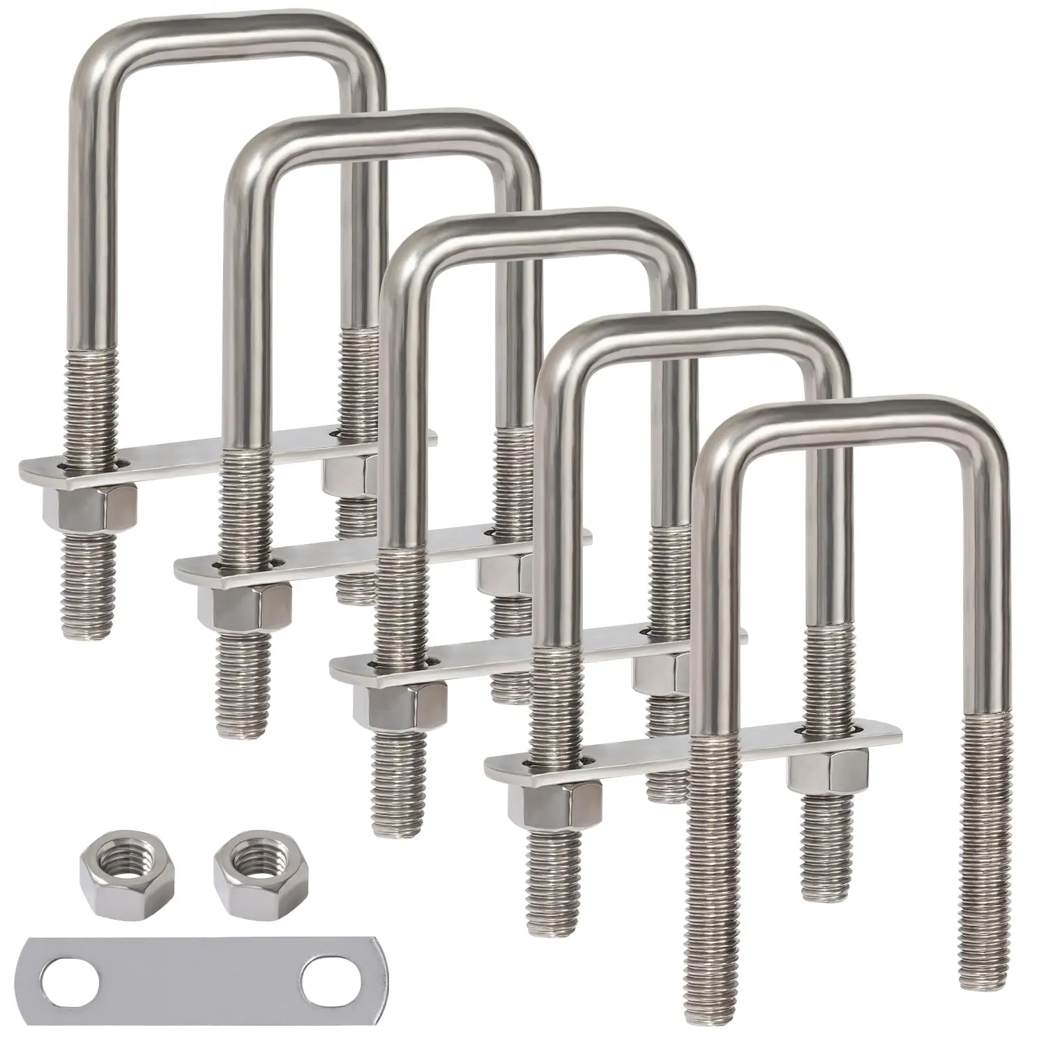 U  5 Pack, 1/2" D x 2-1/16" W x 4-3/4"L Stainless Steel Square U Bolt with Plates and Nuts,   and Accessories for Automobiles , Ski Boat, Sailboat , 5 Pack