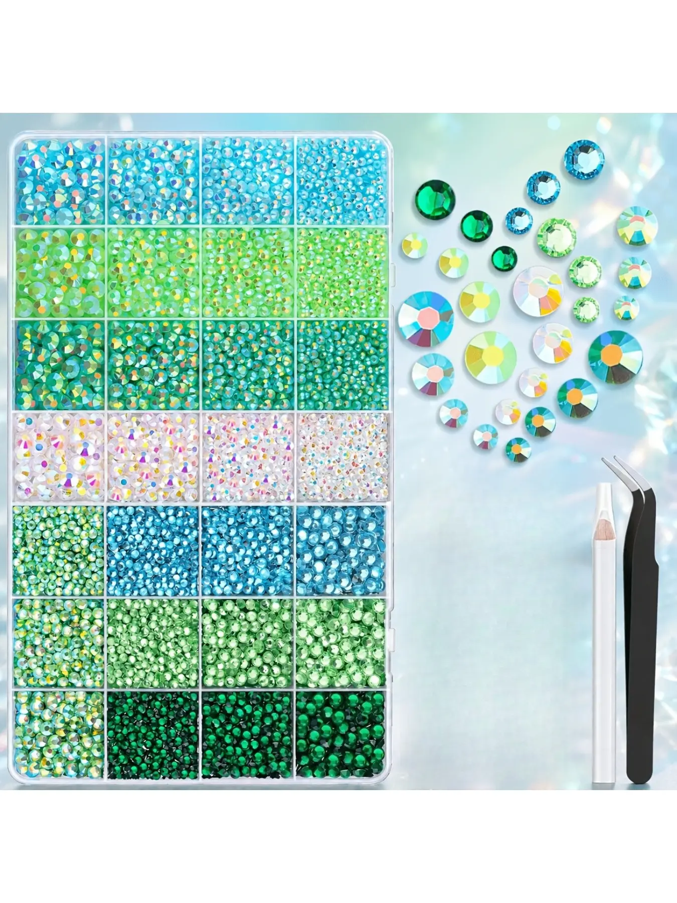 28 grid green series rhinestone set, used for handmade, sparkling set gemstone clothing, shoes, cups, fabrics, nail art
