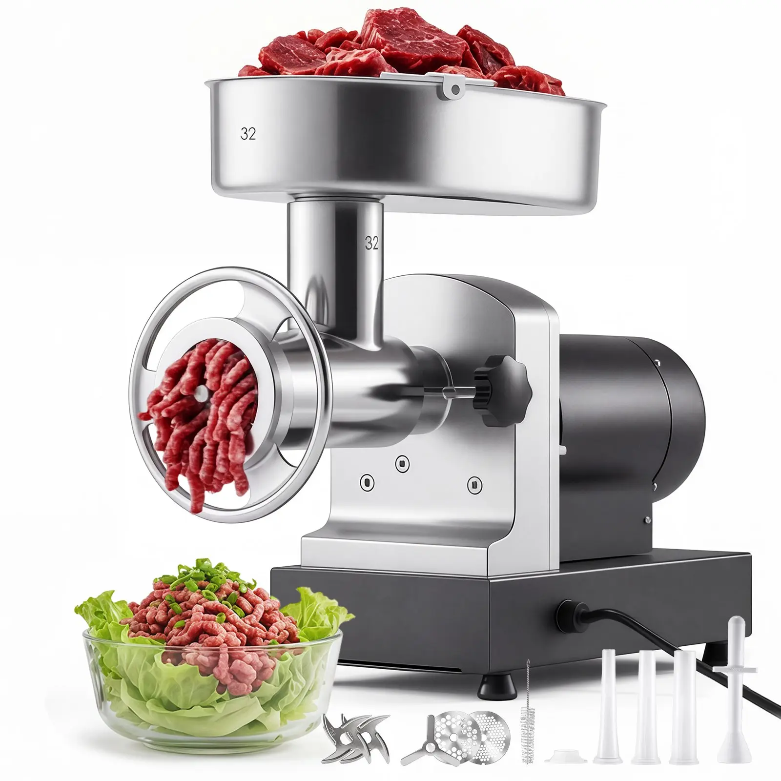 【toolupgrade】VEVOR Commercial 21lb/Min Electric Meat Grinder, 1100W/1.5HP #32 Stainless Steel Mincer with 3 Plates + Tubes, ETL Listed for Home Kitchens Restaurants