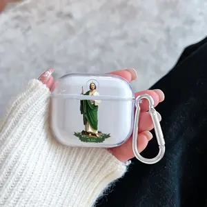 Saint Jude Statue Pattern TPU Soft Protective Case for Apple AirPods 4/3/2/1/Pro/Pro2 Transparent Earphone Cover with Keychain Attachment