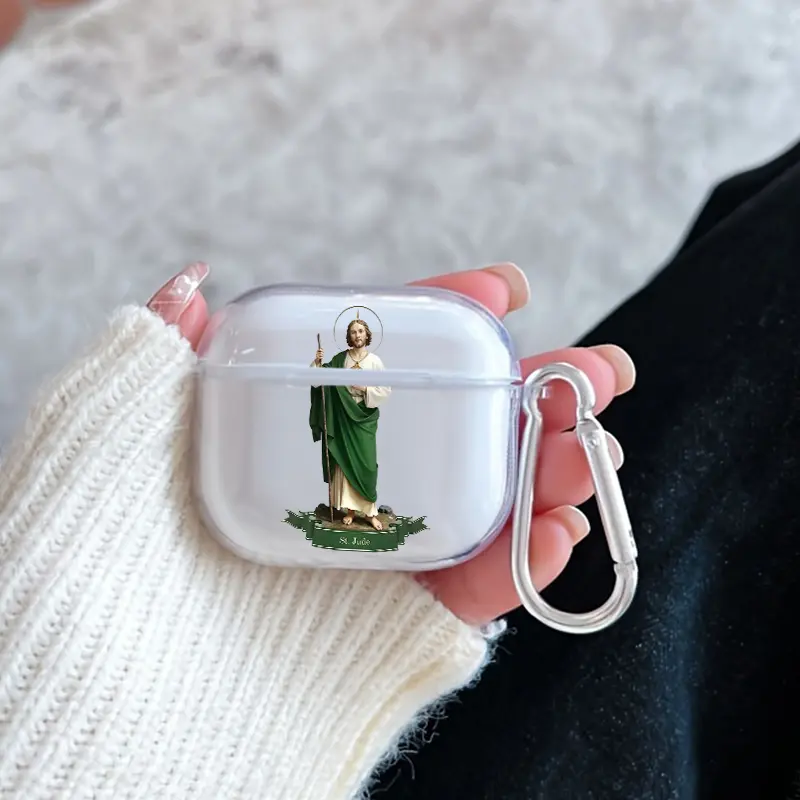 Saint Jude Statue Pattern TPU Soft Protective Case for Apple AirPods 4/3/2/1/Pro/Pro2 Transparent Earphone Cover with Keychain Attachment