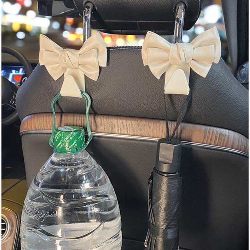 Cute Bowknot Car Seat Back Hooks 2Pcs, Premium Leather Dual Capacity Car Storage Hooks, Easy Install Interior Car Accessories Must Have,Cute Car Accessories for Women