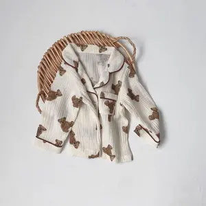 2026  Kids Unisex Cotton Linen Pajama Suit Bear Print Long Sleeve Front Pocket Lapel Tops Long Pants Spring Clothes Casual Set