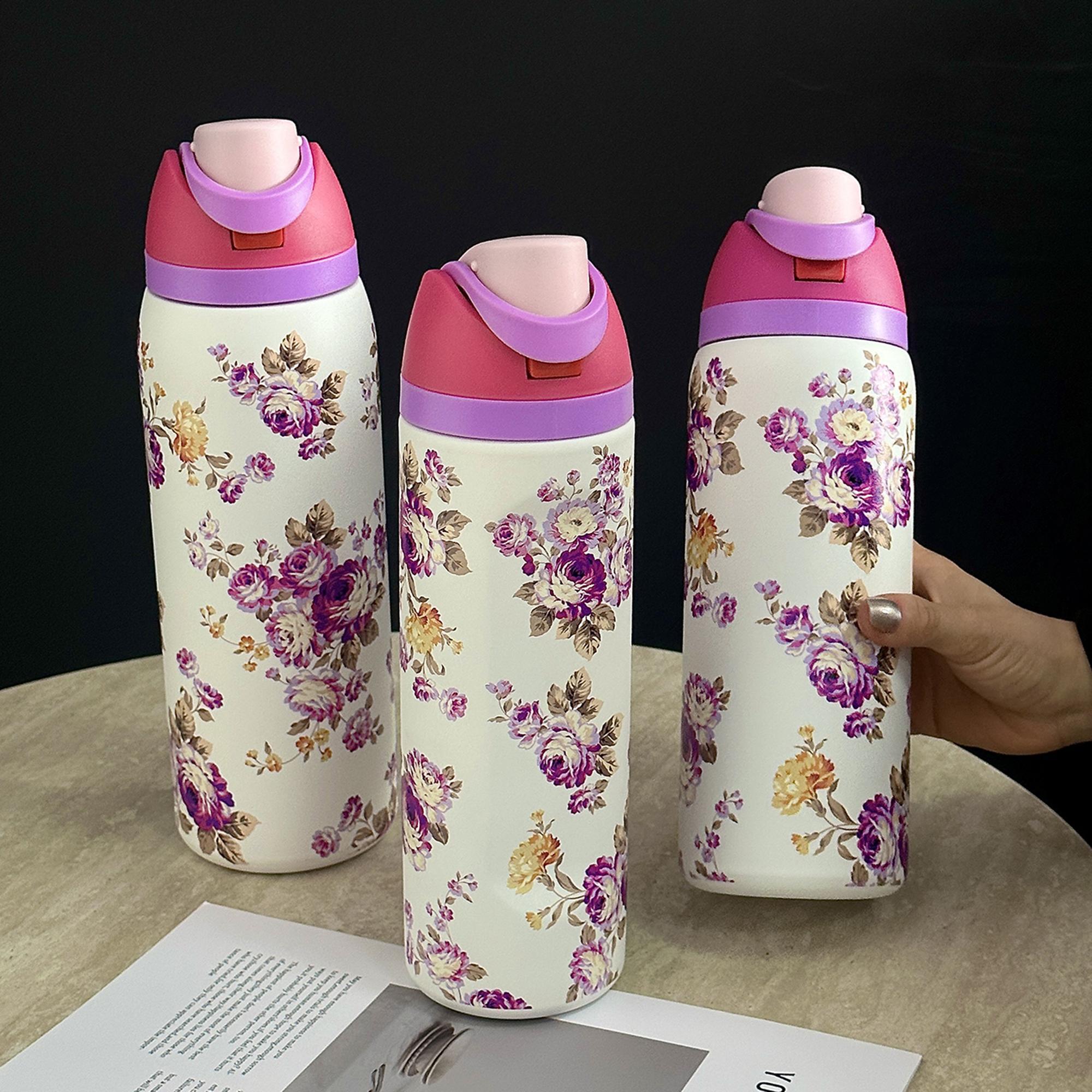 Floral Pattern Vacuum Flask, 1 Count 24oz/32oz/40oz Stainless Steel Insulated Water Bottle with Straw, Drinking Cup for Home Office School Outdoor, Drinkware Thermo Tumbler, Tumbler with Lid