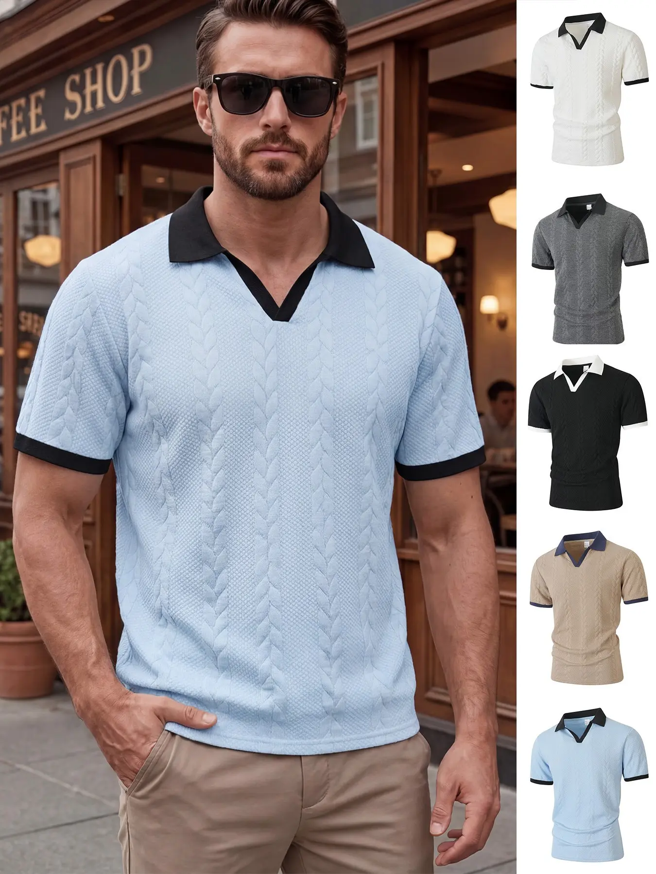 Men's Jacquard Knit Polo Shirt, Contrast Collar and Cuff Short Sleeve Top, Textured V Neck Old Money Casual Tee for Summer Daily Wear, Commute, Golf and Streetwear, Clearance Deal, Trending Essential, Essential for Man's Wardrobe