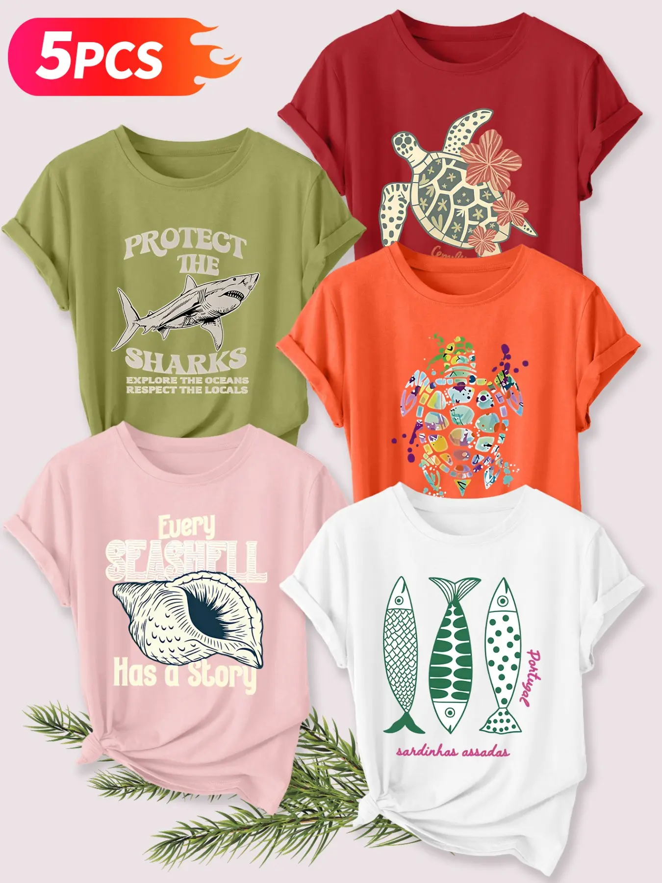 5Pcs Women Crew Neck T-Shirt, Sea Turtle Shark Conch Ocean Ecology Print, Multi-color Available, Machine Washable, Soft Skin-friendly Spring Summer Daily Stylish Top