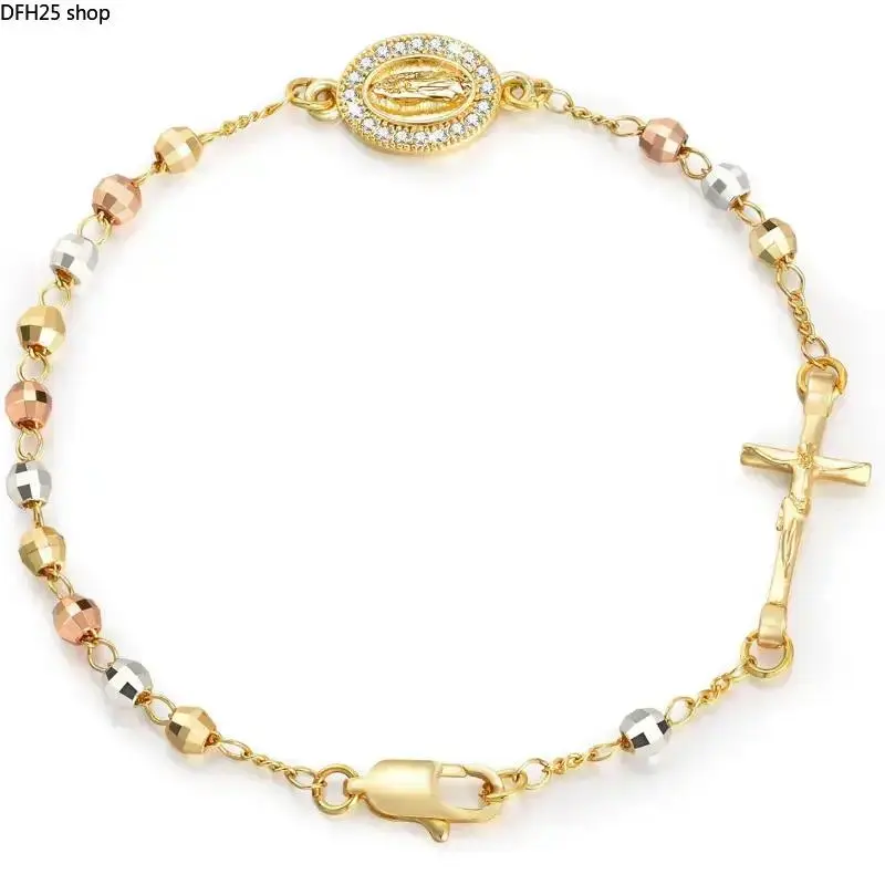Gold Plated Crucifix Rosary Bracelet for Women, Cross Charm Link Chain Jewelry, Adjustable Religious Wrist Accessory for Everyday Wear