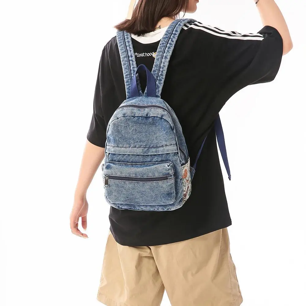 Women Washed Denim Small Backpack Casual Floral Patch College School Girl Book Bag Cotton Jean Travel Rucksack Canvas Daypack