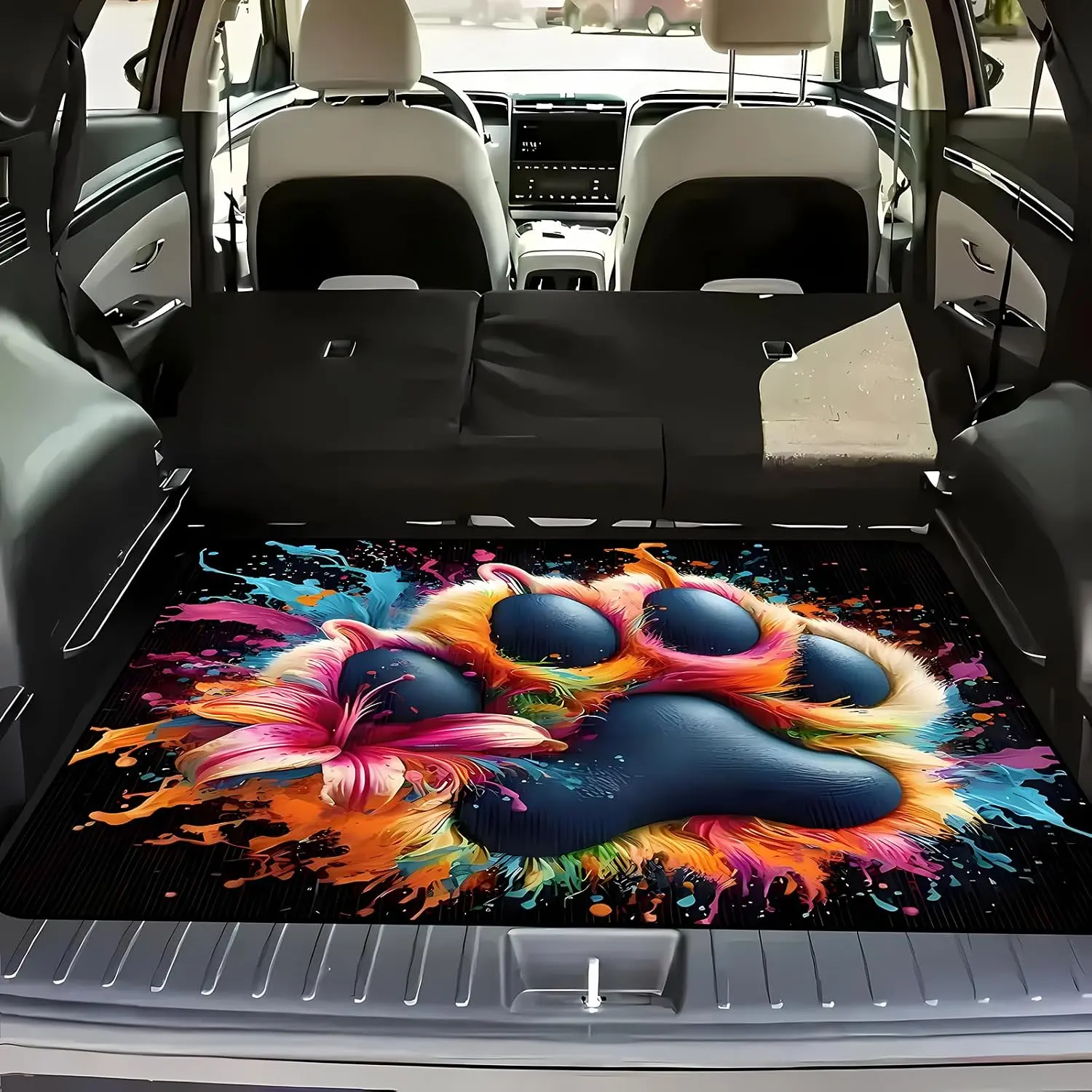 Universal Car Trunk Mat 29" x 39", Colored Paw Print All Weather Trunk Protection Cargo Liner, Durable Cargo Mat Rear Trunk Liner, Stylish Vehicle Interior Accessories Suitable for Most Car Models