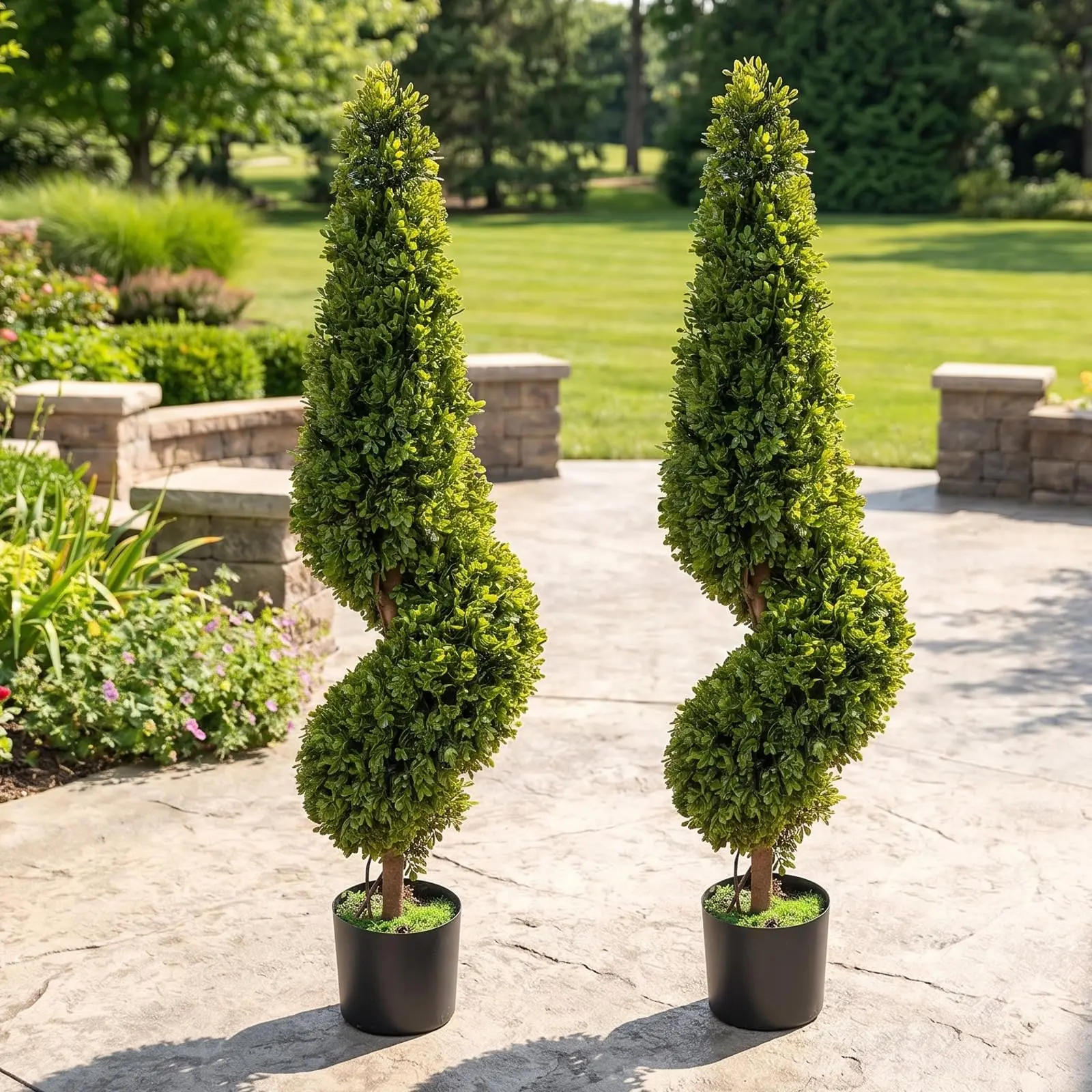 2-Pack 3FT UV-Resistant Artificial Boxwood Spiral Topiary Trees, Decorative Faux Potted Greenery Set for Outdoor Front Porch, Patio Garden Decor