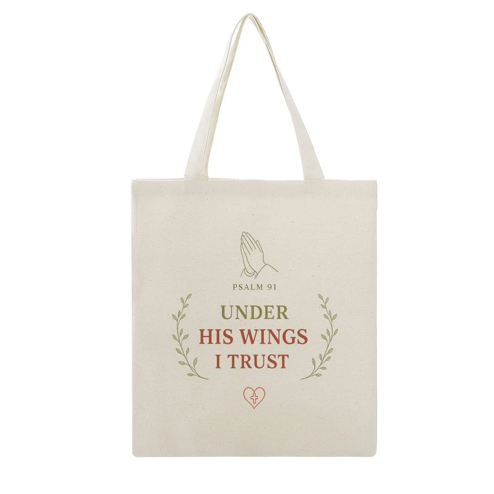 15.8x13.4in Cotton-Poly Reusable Canvas Tote Bag, Prayer Theme Daily Use Bag with Psalm 91 "Under His Wings I Trust" Graphic Print, Praying Hands & Laurel Wreath Design Shoulder Tote