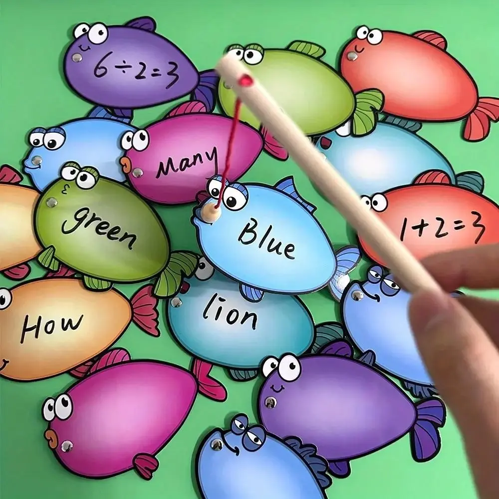 DIY removable fishing game cards, bilingual flash cards, bilingual instruction cards, visual stimulation cards, reusable learning tools for children, creative teaching aids, spelling practice, word cards, multi-scene learning supplies.