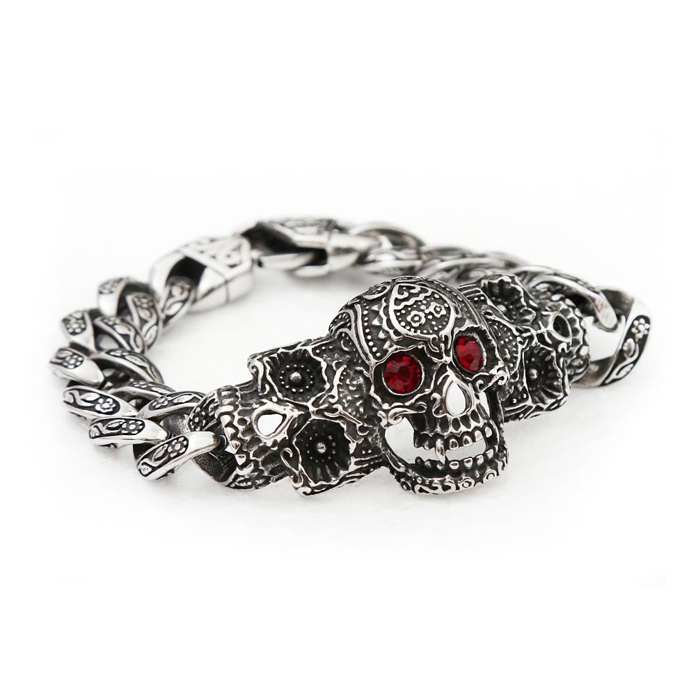 Vintage Domineering 316L Stainless Steel Skull Bracelet With Red Stone Eyes Bangles Punk Hip Hop High Quality Jewelry Wholesale
