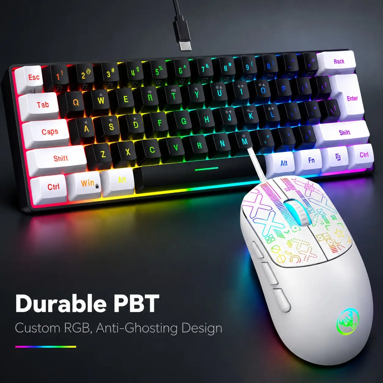 61 Key Keyboard Mouse Combo | Holiday Gift Pick, Ergonomic Wired Membrane Keyboard with Removable Dual Color Keycaps, Driver-Free, Slim RGB Gaming Mouse 3600 DPI, 6 Macro Keys, Anti-Slip Sweat Grip for PC & Laptop