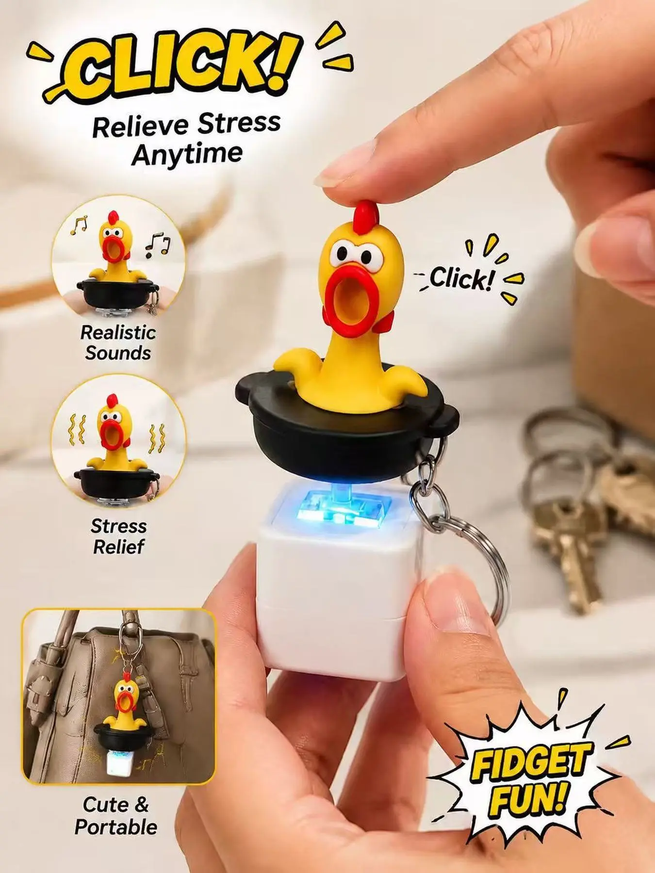 Duck  Croaking Rooster Frog Keyboard Fidget KeychainLED Light Animal Clicker with Realistic Sounds Stress Relief Keychains for Adults Cute Bag Accessories Gift keyring bedazzled stuff matching Funny Keychain Button Clicker Keychain