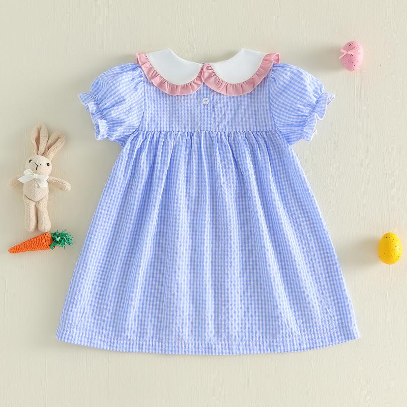 Emmababy Kids Baby Girls Dress Easter Clothes Rabbit Embroidered Plaid Short Sleeve Casual Dress Toddler Princess Dress 1-6 Years