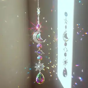 Crystal Moon and Sun Wind Chime with Diamond Prism, Home and Garden Decoration Rainbow Catcher Pendant, Water Drop Charm