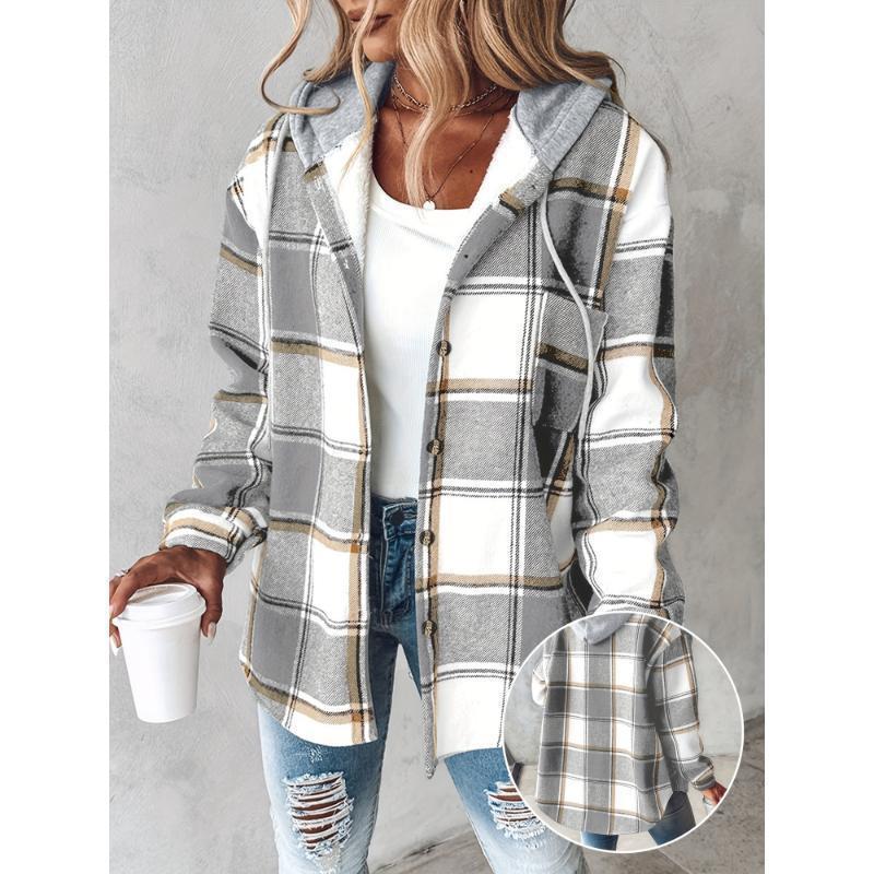 [Plaid Shacket] Warm Plaid Long Sleeve Shacket - Button Fleece Lined Hooded Jackets Coat Fabric Womenswear Polyester Tops..