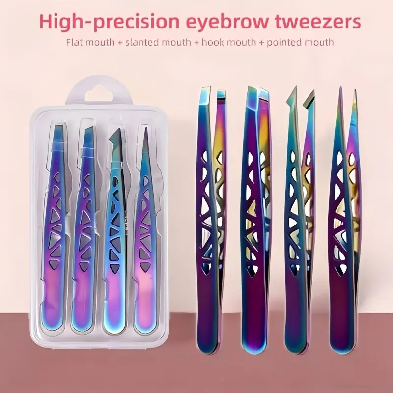 Color Titanium 4-Piece Set, High Precision Stainless Steel Tweezers, Brow Grooming Kit, Hair Removal Tools, Perfect Gift for Holidays, Beauty Tools Set