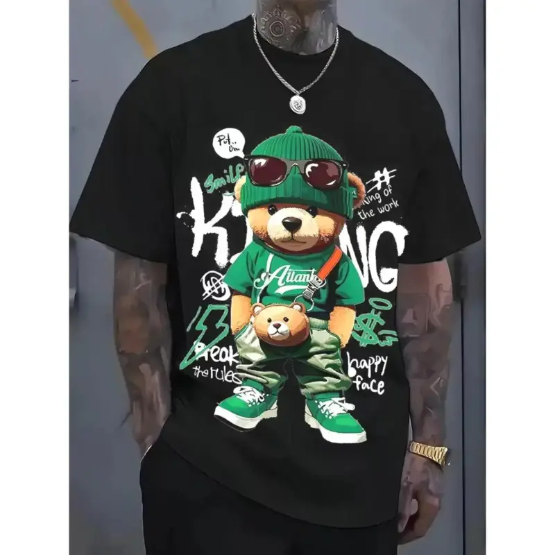 Punk Style 3D Digital Print Cartoon Bear Men’s T-Shirt, Comfort Short Sleeve Pullover Top, Casual Outdoor Daily Wear Tee Aesthetics Baggy