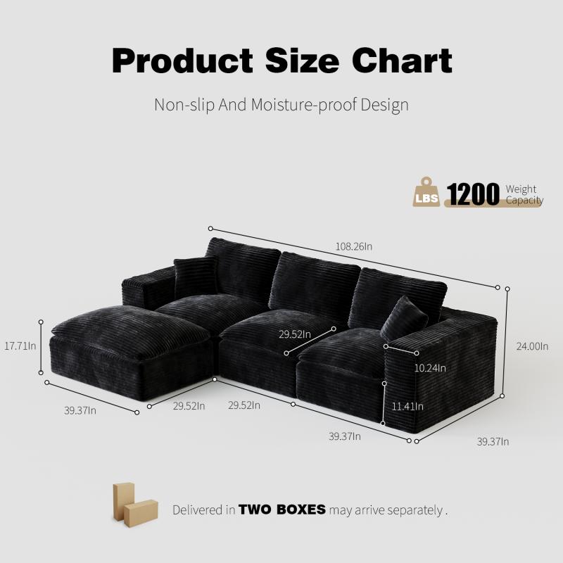 108" Cloud Sectional Couch with L-Shape Chaise, Left-right interchangeable,Modern Modular Sofa with Deep Seat, Upholstered Couches for Living Room Bedroom,No Assembly Required, Soft Plush Corduroy Fab