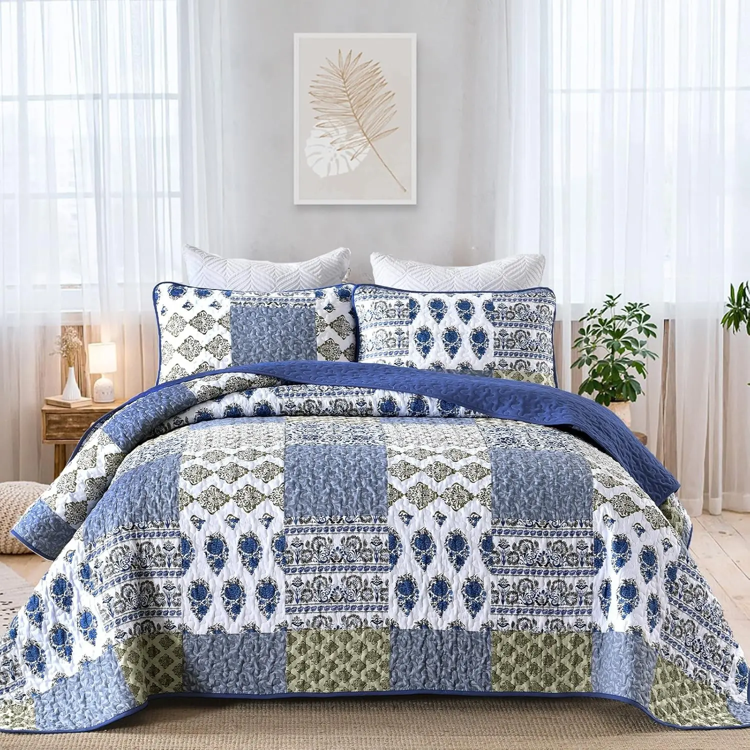 Aqua Blue Quilt Set King Size, 3 Pieces Boho Plaid Bedspread Set | Plaid Microfiber Lightweight Bohemian Bedding Set for All Season (1 Quilt + 2 Pillow Shams) 90"x104"