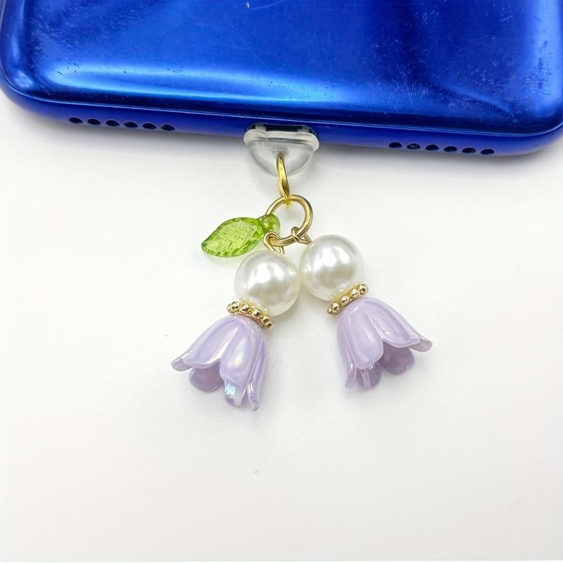 Cute Lily of the Valley Phone Dust Plug, Fairycore Floral Wind Chime Charm, Aesthetic Charging Port Cover for Cell Phone Type-C