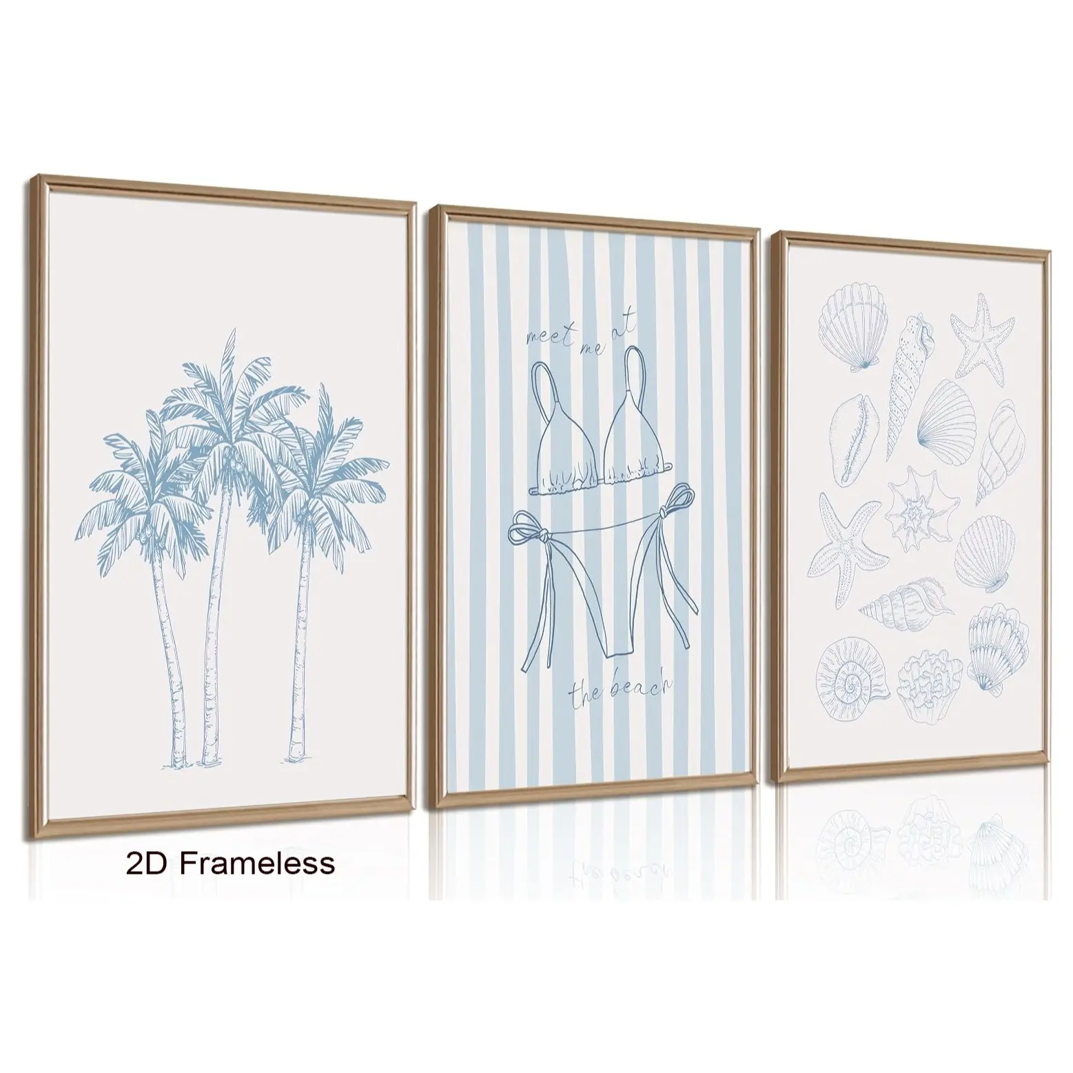 3-piece set   Blue Coastal-Style Bikini Shell Canvas Wall Art: Print Design, Fashionable swimwear, beach aesthetics, painting, wall decor—a preppy coastal-print artwork perfect for hallways, bedrooms, and living rooms—home decor   Frameless 2D poster