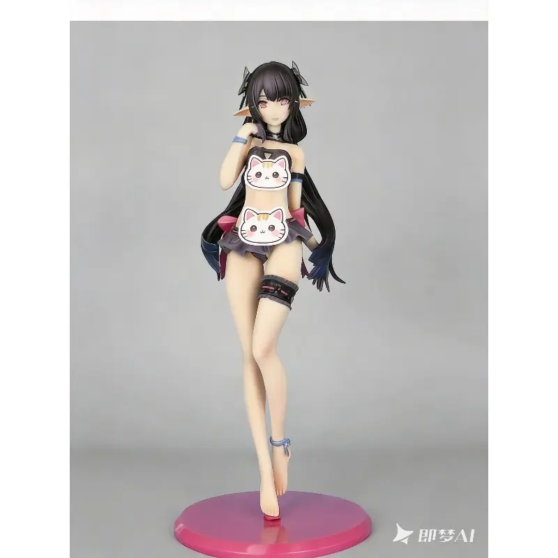Anime Elf Girl PVC Figure Dark Long Hair Elf Lady Bikini Outfit Solid PVC Collectible Statue Cartoon Girl Character Model With Round Pink Base Desk Decor Gift For Anime Fans Birthday Christmas Party Favor Cross-Border Wholesale